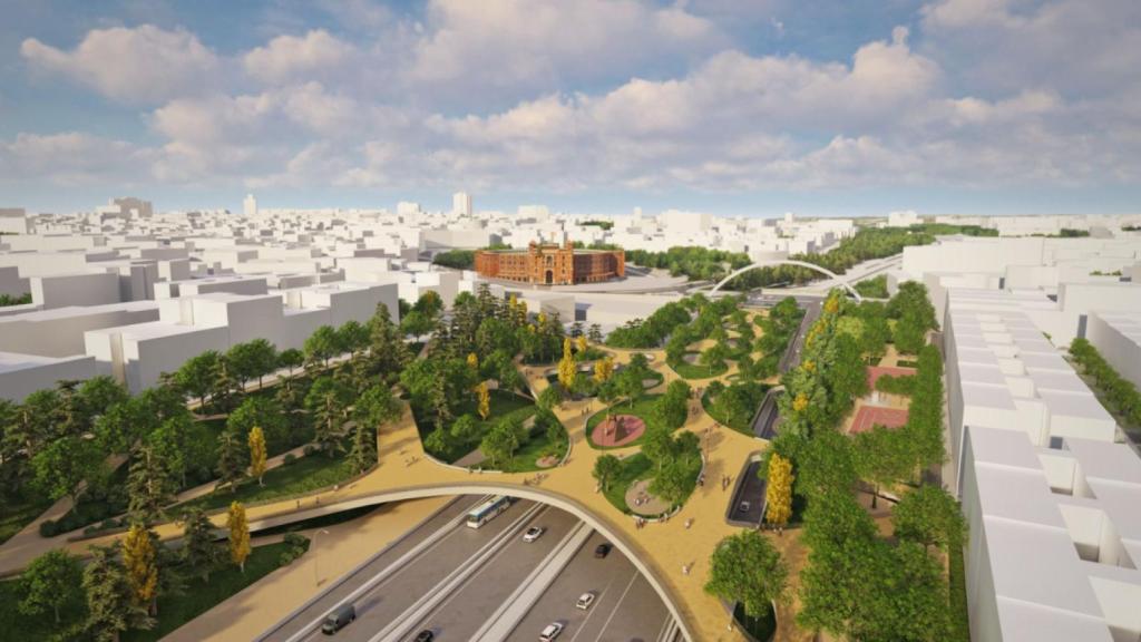 Render de la plataforma ajardinada que Almeida quiere construir sobre la M-30 a su paso por Ventas.