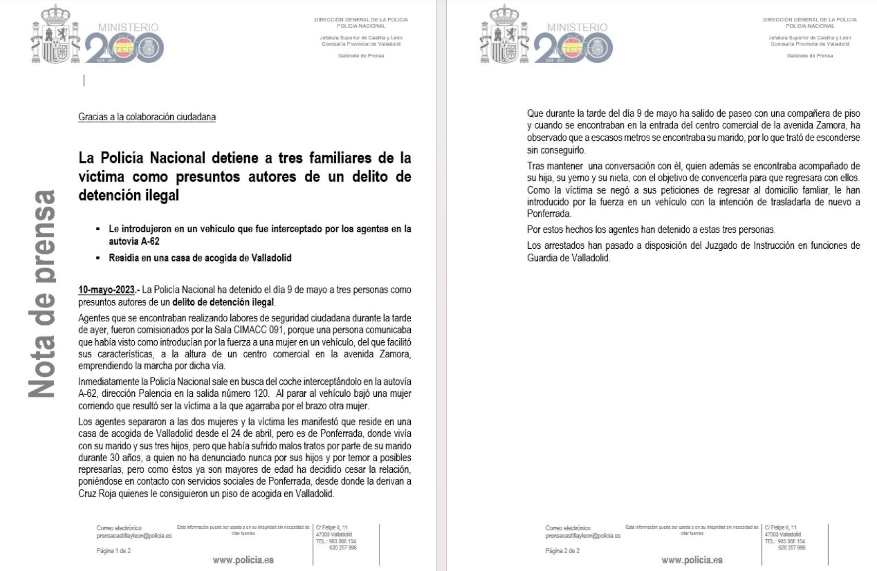 Imagen de la nota de la Policía Nacional difundida por la Subdelegación del Gobierno en Valladolid