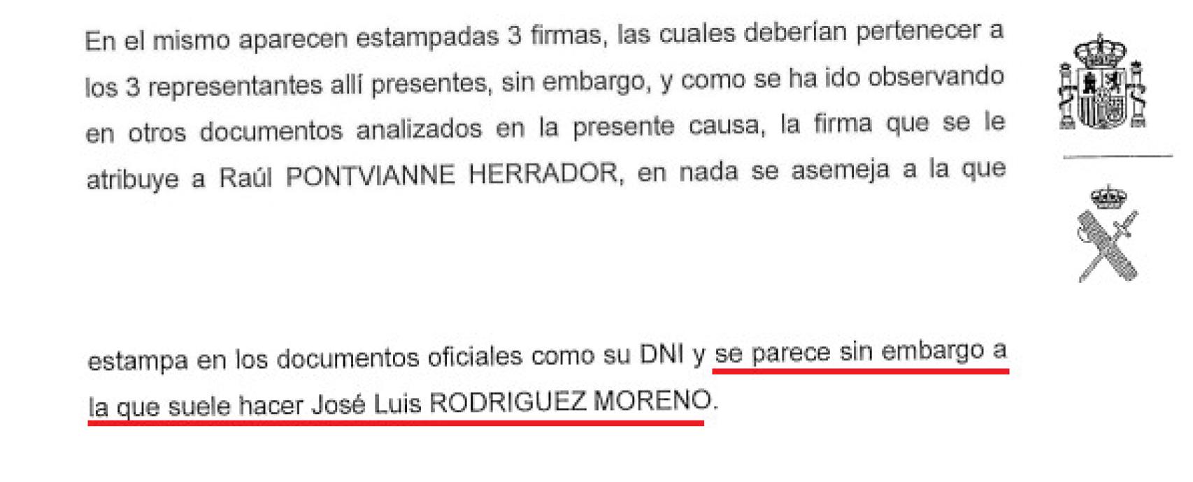 Fragmento del informe de la Guardia Civil sobre las firmas del contrato con RTVE.