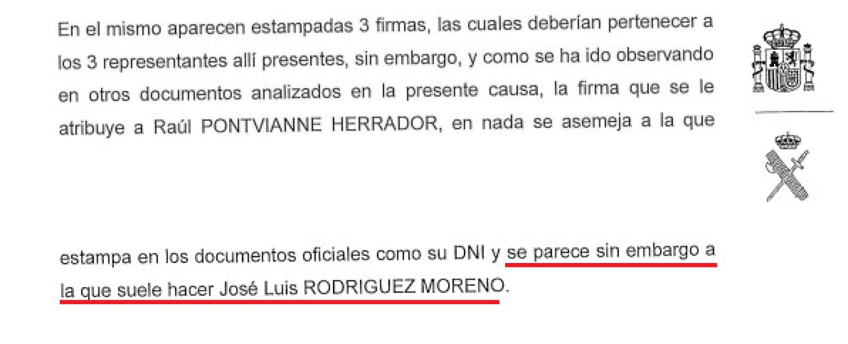 Fragmento del informe de la Guardia Civil sobre las firmas del contrato con RTVE.