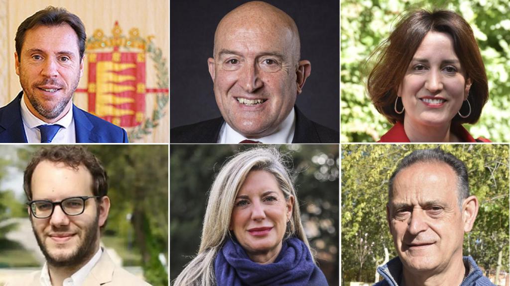 Los candidatos a la Alcaldía de Valladolid: Óscar Puente-PSOE (Arriba a la izquierda), Jesús Julio Carnero-PP (Arriba en el centro), María Sánchez-VTLP (Arriba a la derecha), Pablo Vicente-Ciudadanos (Abajo a la izquierda), Irene Carvajal-Vox (Abajo en el centro) y Cecilio Vadillo-Contigo Avanzamos (Abajo a la derecha)
