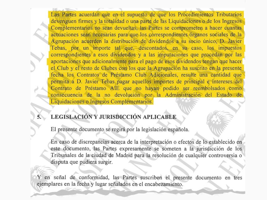 Fragmento del contrato de la operación de Javier Tebas y Audiovisual New Aged AIE