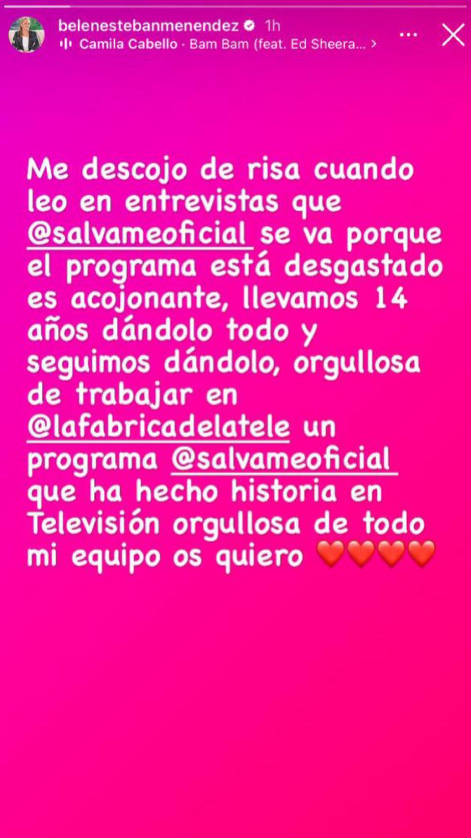 El 'storie' de Belén Esteban en el que critica las palabras del nuevo CEO de Mediaset.