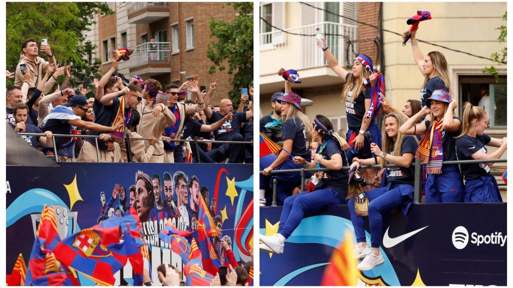 Combo de los autobuses del FC Barcelona masculino y femenino de la rúa de campeones de Liga 2022/2023