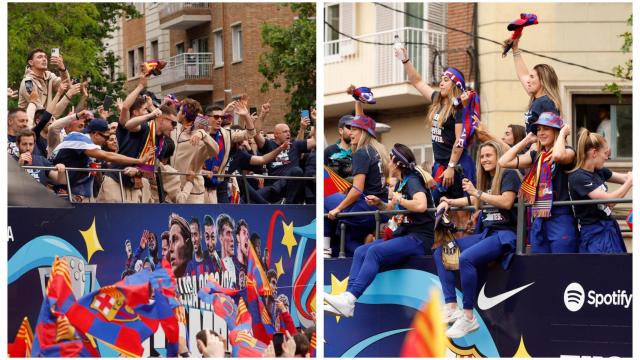 Combo de los autobuses del FC Barcelona masculino y femenino de la rúa de campeones de Liga 2022/2023
