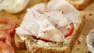 Una tostada de pavo con tomate.