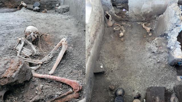 Una de las víctimas del Vesubio y la estancia en la 'domus' de los Amantes Castos donde se ha descubierto. Foto: Parque Arqueológico de Pompeya