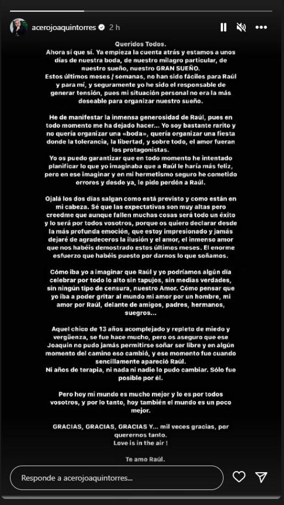 La carta de amor y perdón de Joaquín Torres a Raúl Prieto.