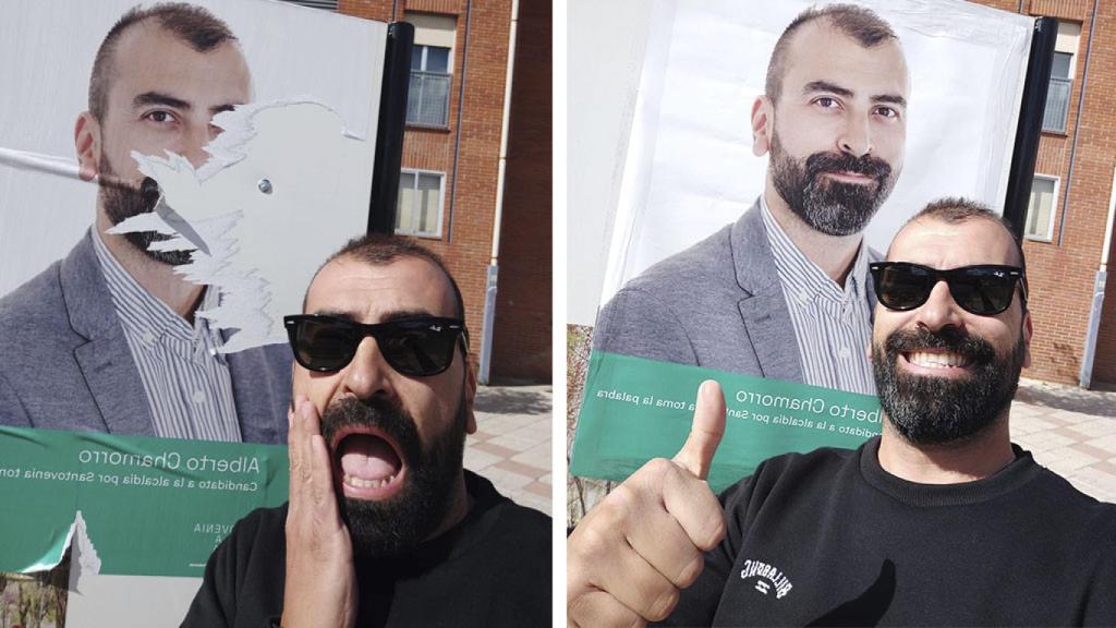 Alberto Chamorro con el cartel roto a la izquierda y con él arreglado a la derecha