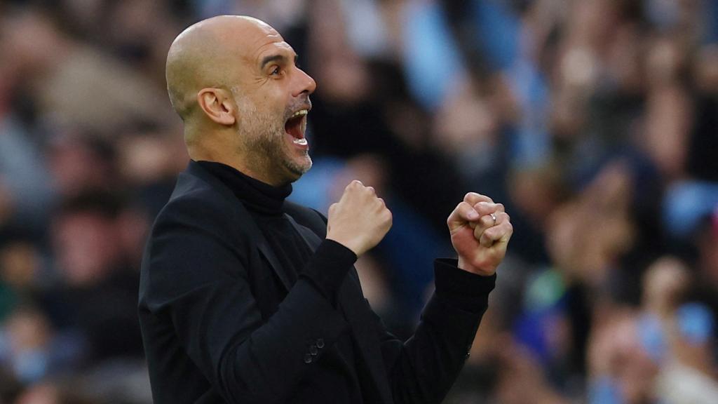 Pep Guardiola celebra durante el Manchester City - Real Madrid
