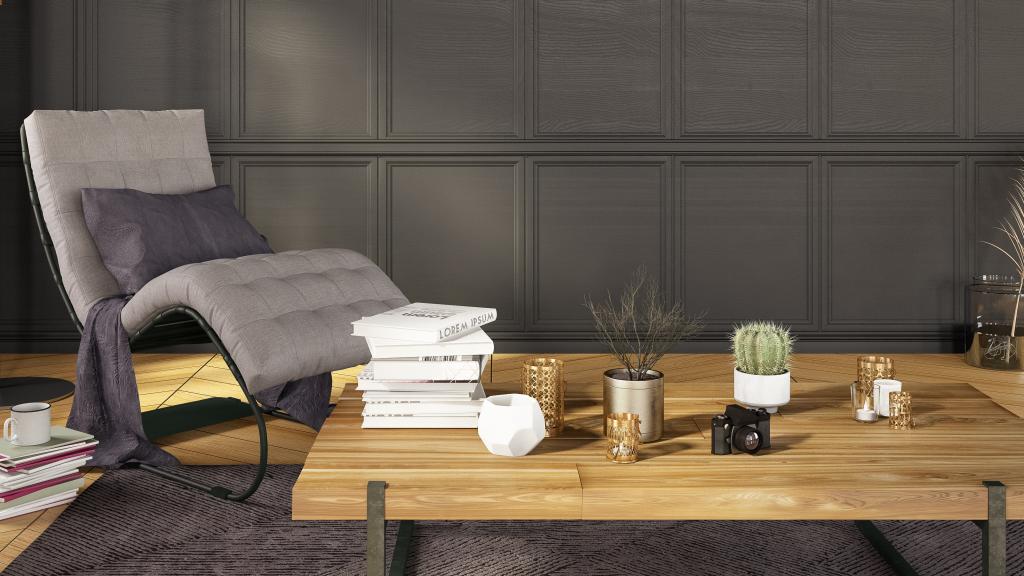 Moderno salón con libros sobre la mesa.