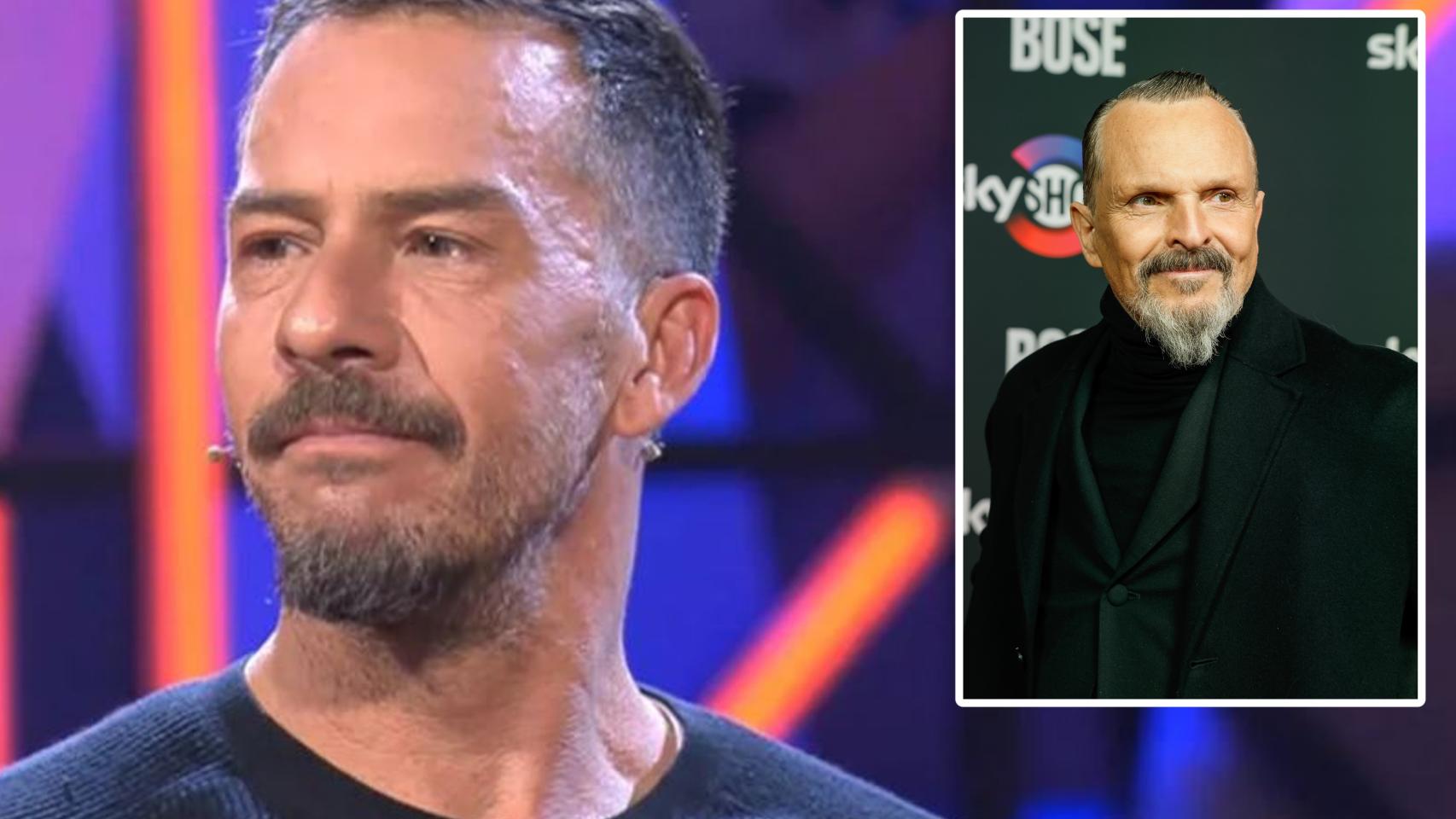 El escultor Nacho Palau junto a su expareja, Miguel Bosé, en un montaje de EL ESPAÑOL.