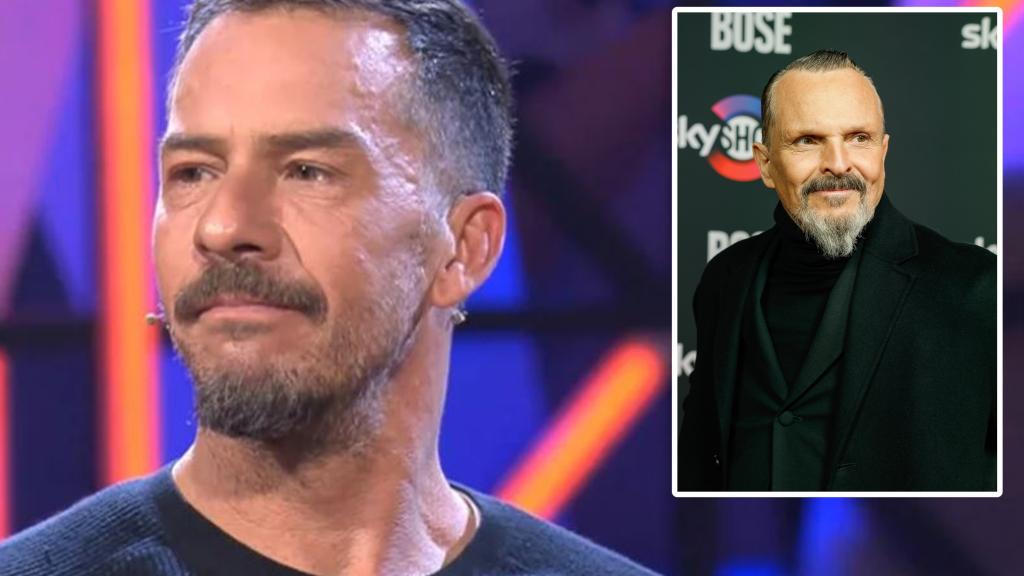 El escultor Nacho Palau junto a su expareja, Miguel Bosé, en un montaje de EL ESPAÑOL.
