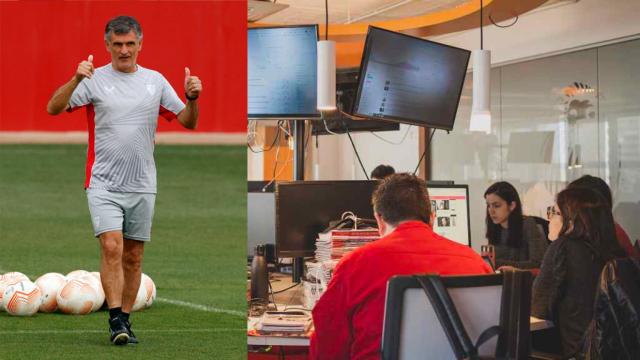 José Luis Mendilibar, a la izquierda. La redacción de EL ESPAÑOL, a la derecha.