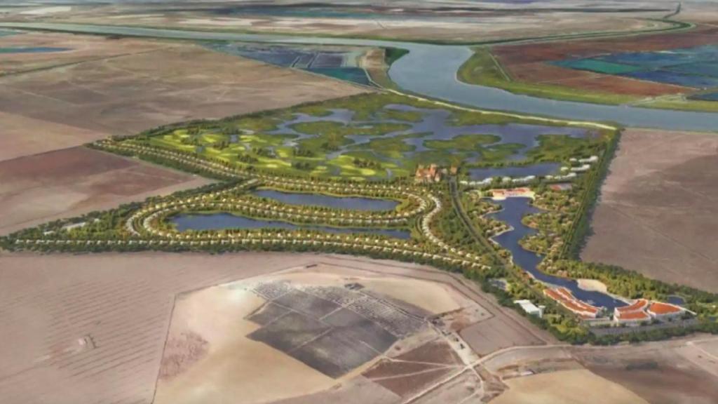 Reconstrucción digital del macroproyecto turístico de lujo en Trebujena, Cádiz, frente a Doñana
