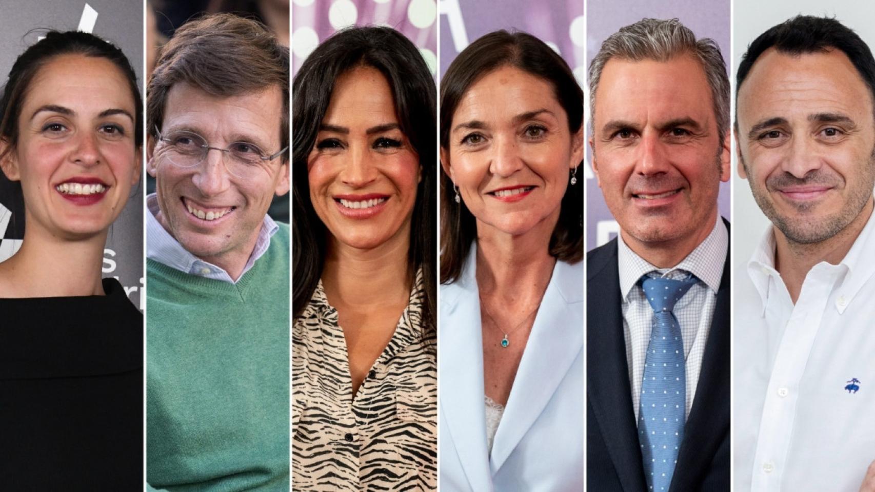 Rita Maestre (Más Madrid), José Luis Martínez-Almeida (PP), Begoña Villacís (Ciudadanos), Reyes Maroto (PSOE), Javier Ortega Smith (Vox) y Roberto Sotomayor (Podemos-IU-Alianza Verde), candidatos a la Alcaldía de Madrid.