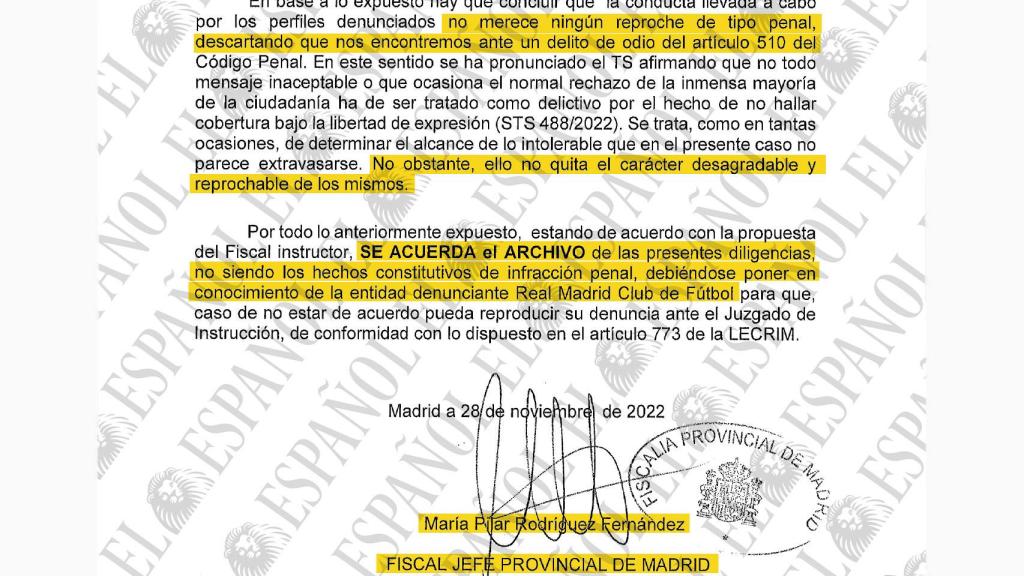 Resolución de la Fiscalía Provincial de Madrid sobre la denuncia por insultos racistas presentada por el Real Madrid