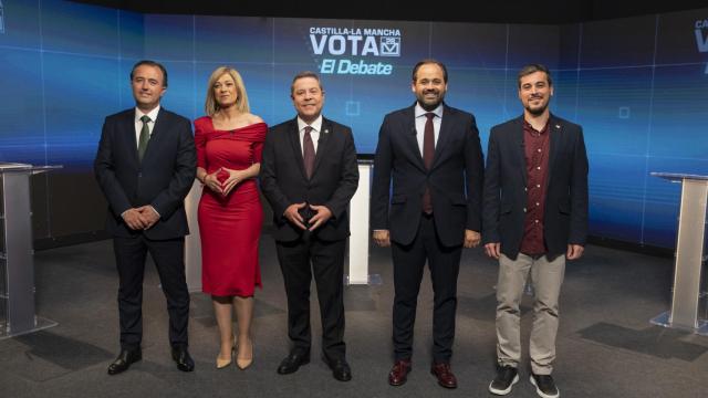 David Moreno (Vox), Carmen Picazo (CS), Emiliano García-Page (PSOE), Paco Núñez (PP) y José Luis García Gascón (Unidas Podemos), de izquierda a derecha.