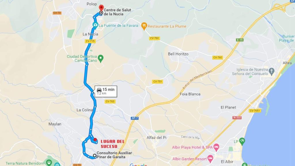 Plano de las ubicaciones y distancias que manejaba el CICU centralizado en Valencia en el suceso de La Nucía.