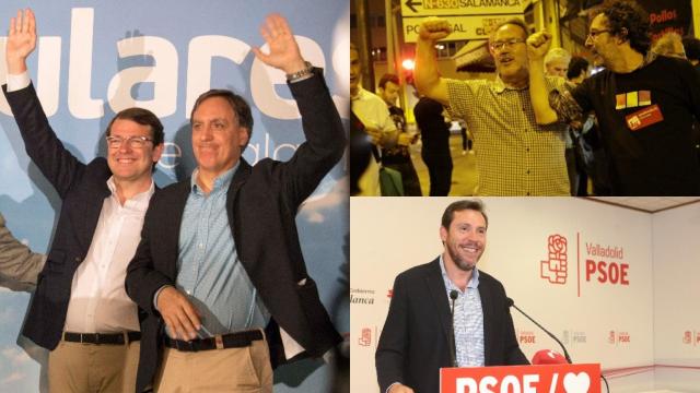 Imagen de la celebración de la noche electoral del alcalde de Salamanca, Carlos García Carbayo, del de Zamora, Francisco Guarido y del de Valladolid, Óscar Puente.