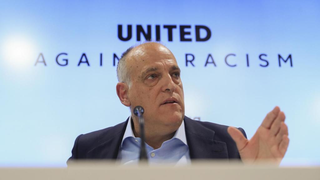 Javier Tebas, durante su intervención en la rueda de prensa.