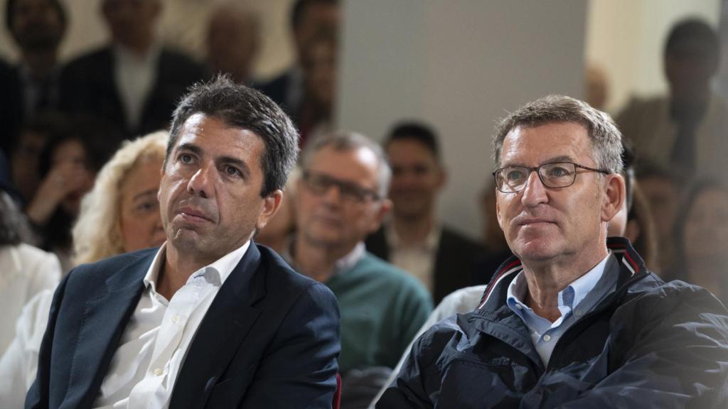 El candidato del PP a la Generalitat Valenciana, Carlos Mazón (i) y el presidente del PP, Alberto Núñez Feijóo (d).