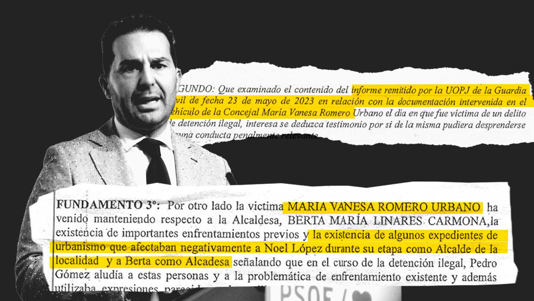 El secretario de Organización del PSOE andaluz, Noel López, junto a varios fragmentos del auto dictado este jueves por el juez instructor.
