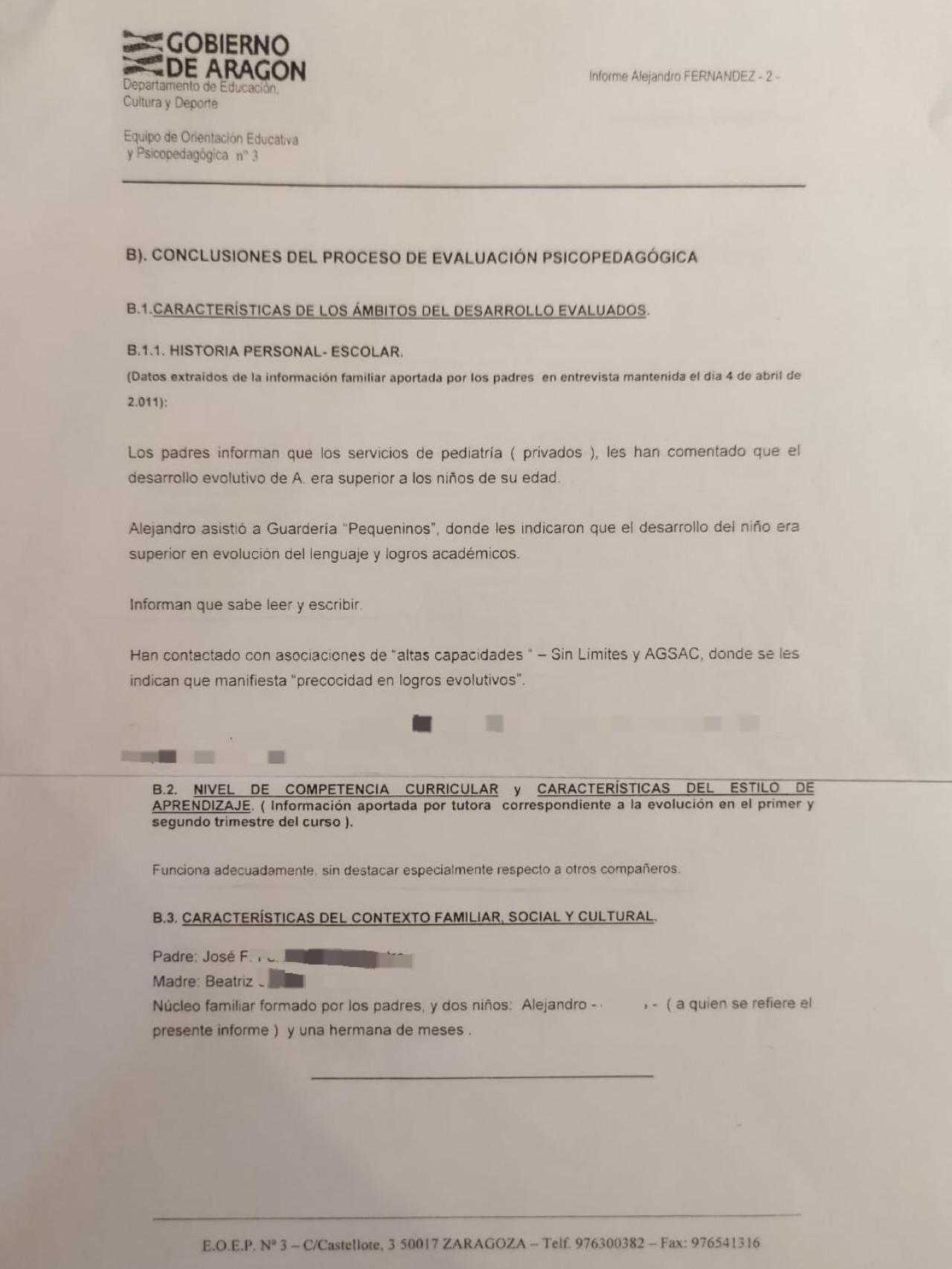 Un informe en el que aún no reconocen, erroneamente, las altas capacidades Alejandro.