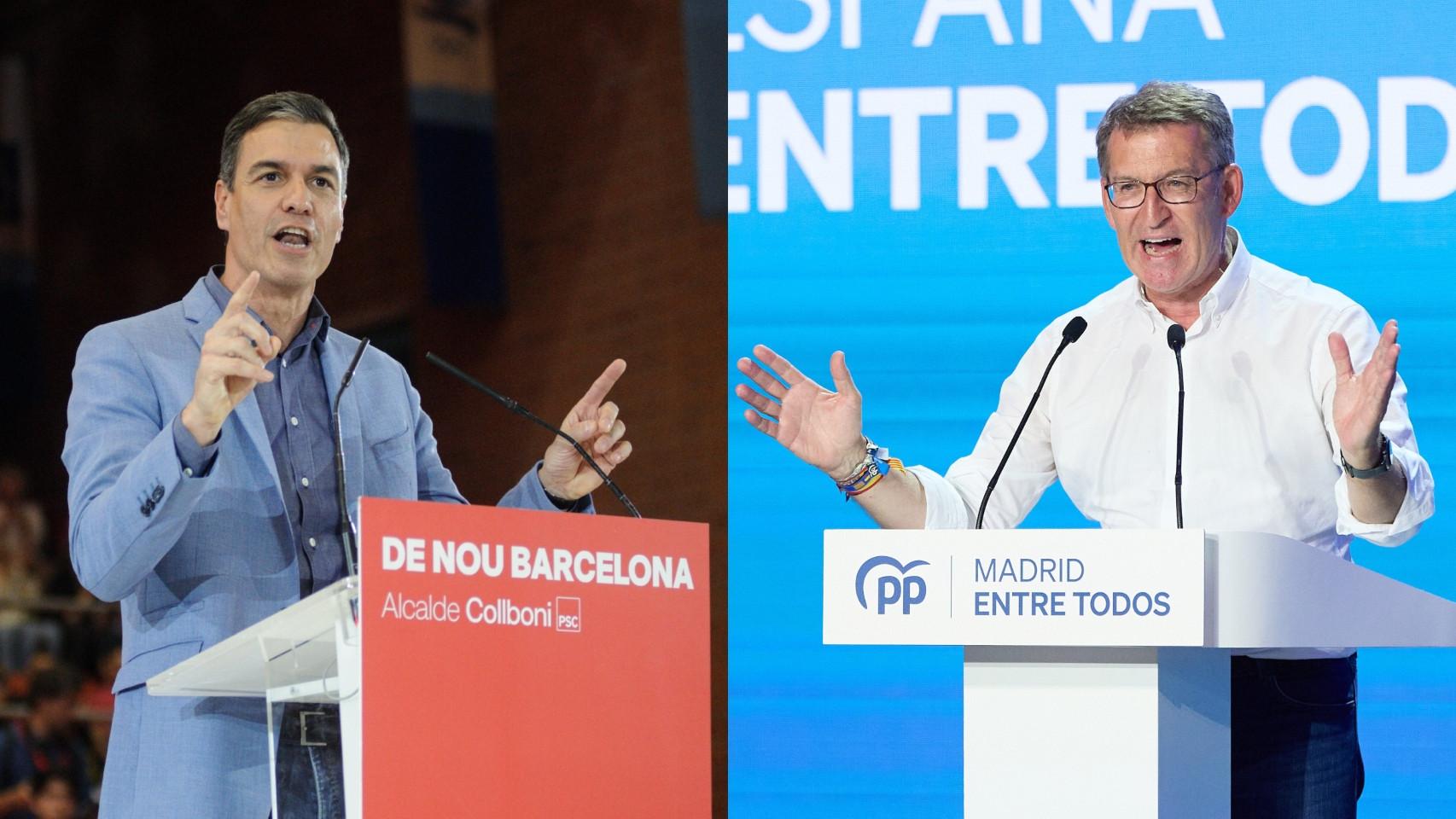 Pedro Sánchez, en el cierre de campaña del PSOE en Barcelona, y Alberto Núñez Feijóo en el del PP en Madrid.