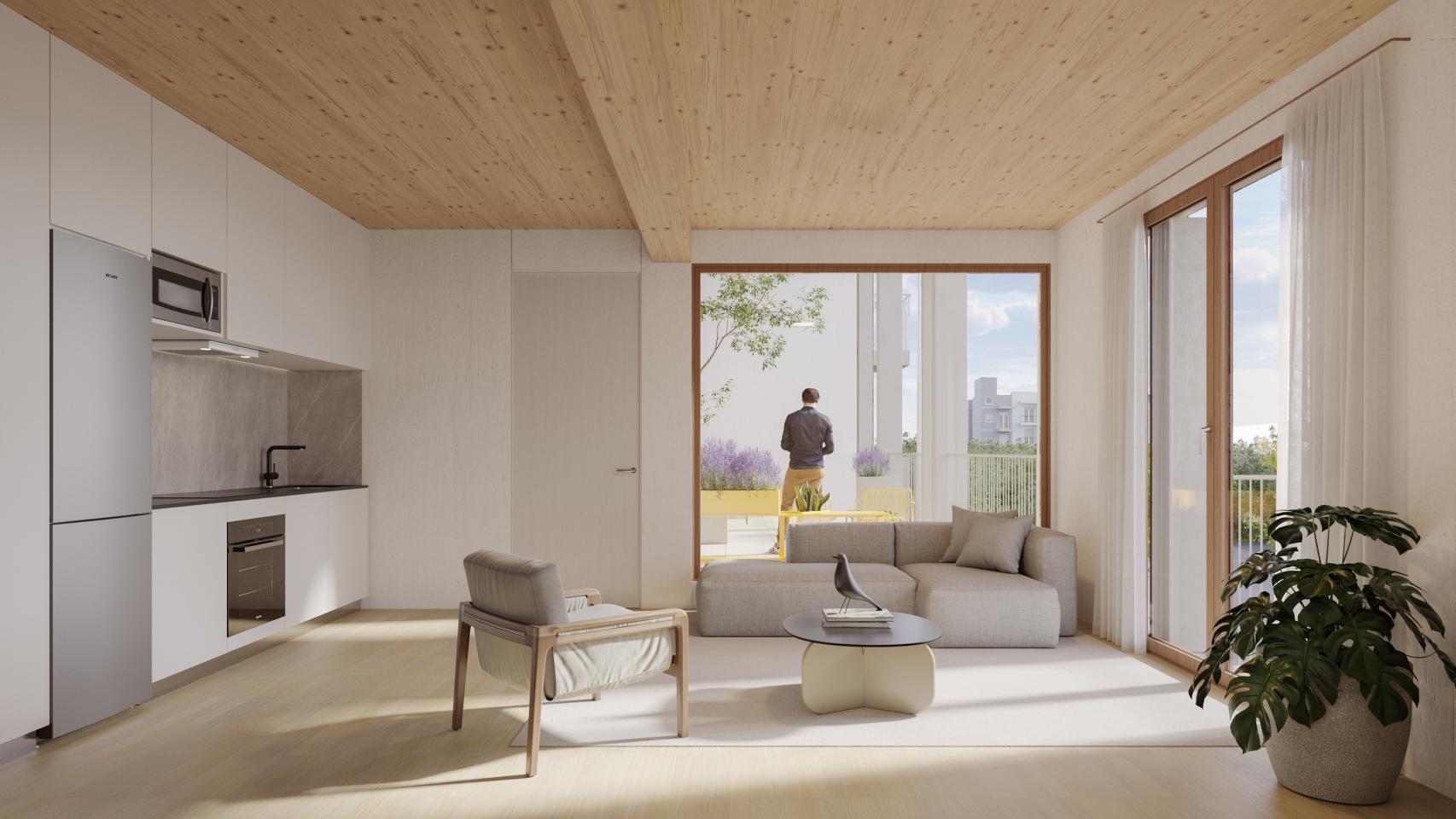 Recreación del interior del edificio eco-sostenible construido con madera industrializada que impulsa Zubi Cities y Woodea en Burjassot (Valencia).