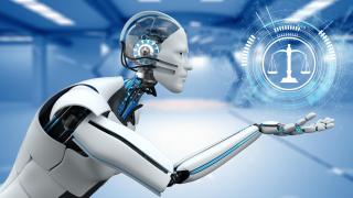 A robot and the symbol of the scales, a symbol of Justice.