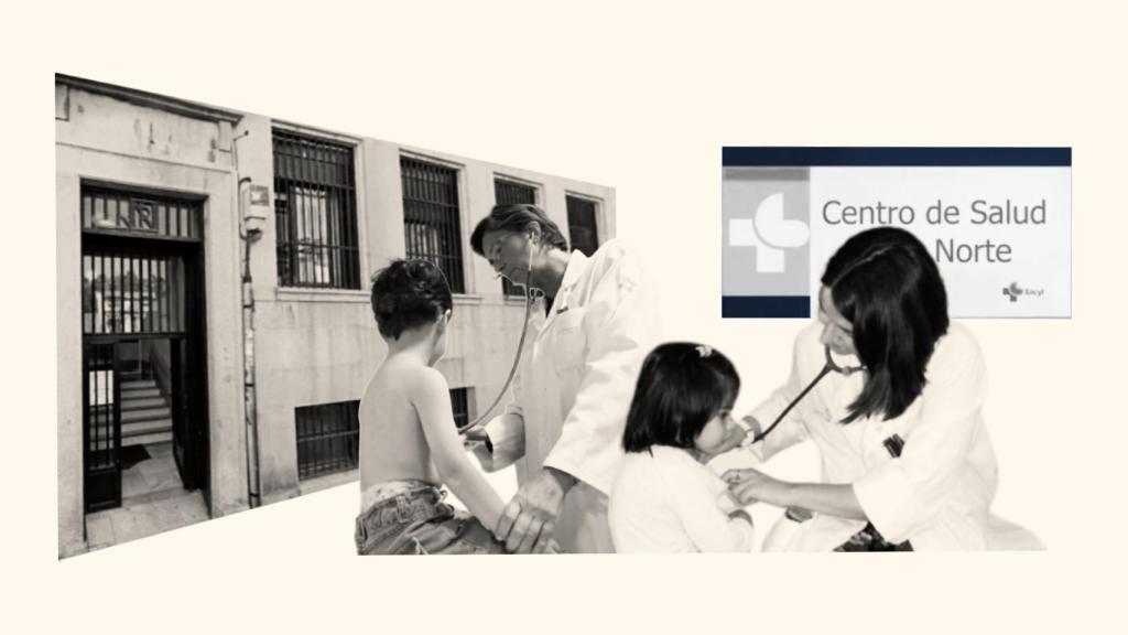 Montaje de dos pediatras con la fachada del centro de salud Ávila Norte.