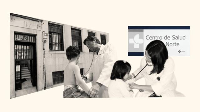 Montaje de dos pediatras con la fachada del centro de salud Ávila Norte.