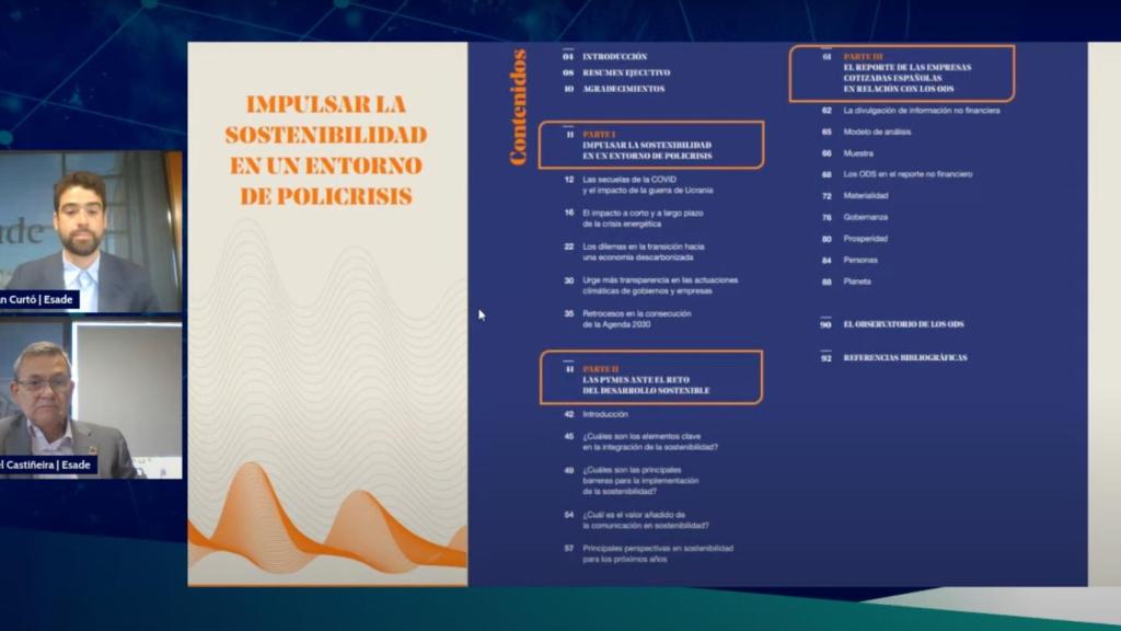 Captura de pantalla del acto de presentación del Sexto Informe de los ODS 2023’ de Esade y el Observatorio Social de la Fundación 'la Caixa'.
