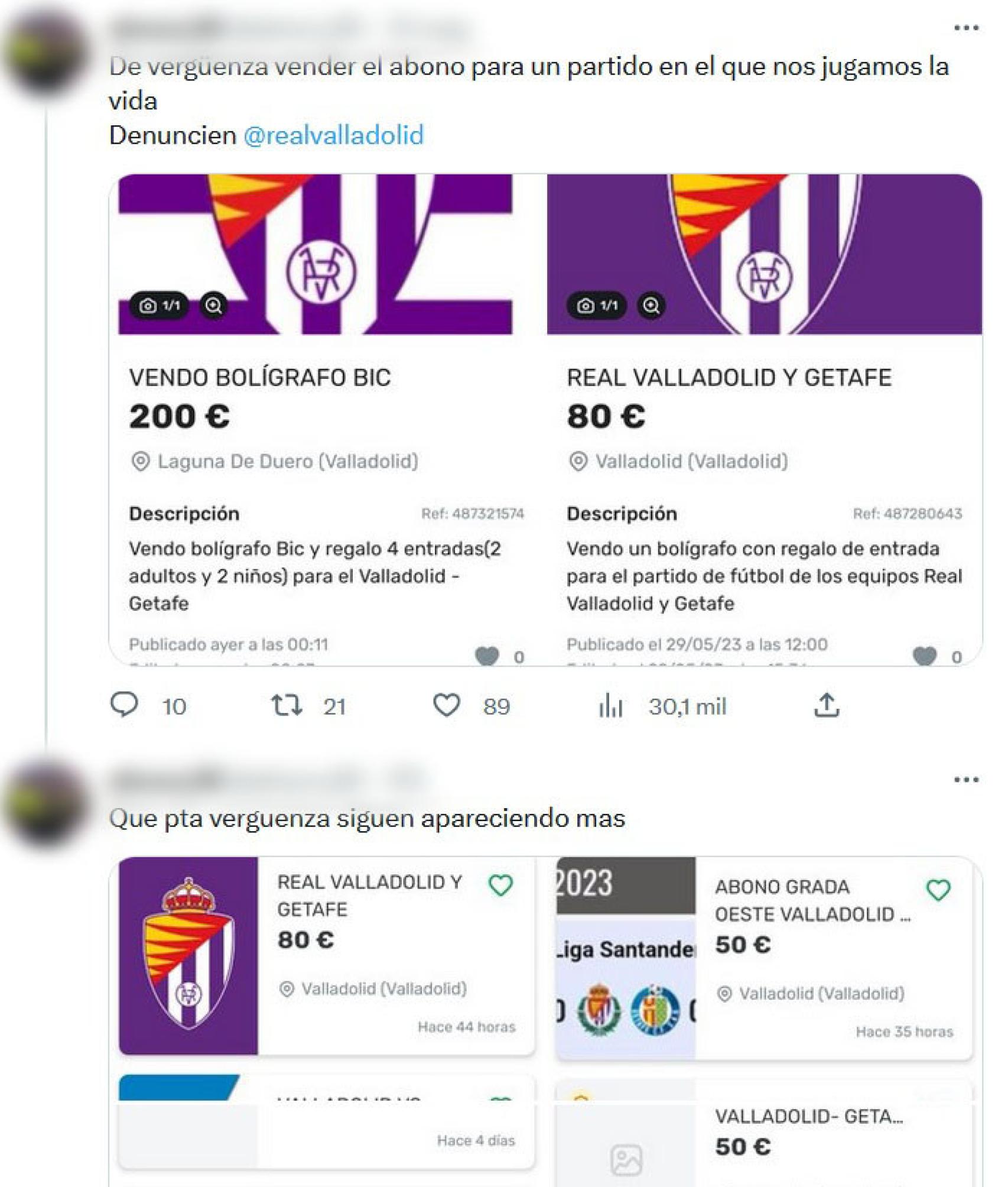 Un usuario de Twitter denunciando la venta de abonos y entradas de los aficionados del Pucela