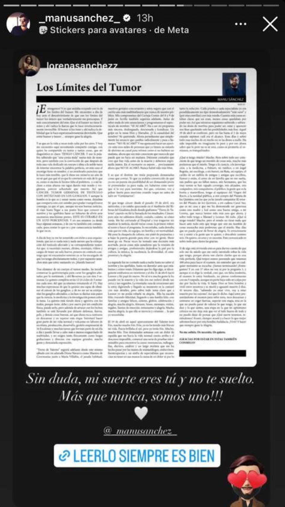 El mensaje que ha publicado Lorena Sánchez en sus redes.