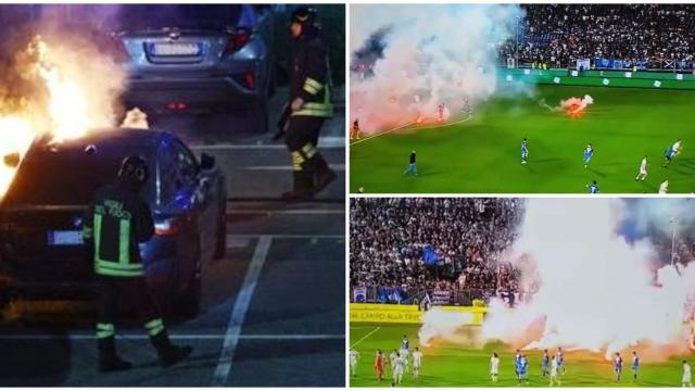 Quema del coche y lanzamiento de bengalas al campo por parte de los ultras.
