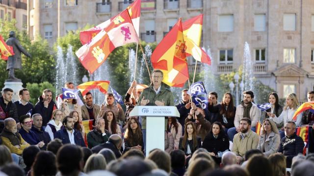 El presidente del Partido Popular, Alberto Núñez Feijóo, durante su intervención en un acto electoral en Valladolid, el pasado 12 de mayo.