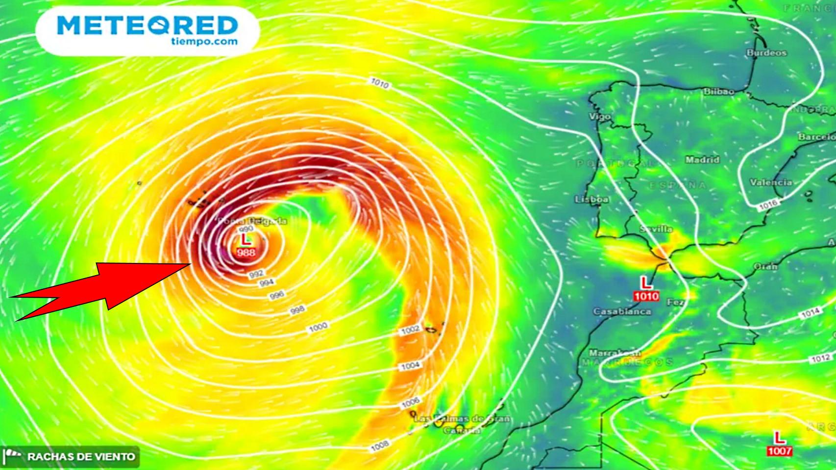 La borrasca en el entorno de las Azores. Meteored.