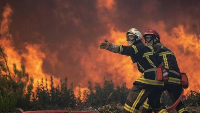 Dos bomberos en la extinción de un incendio forestal en Losacio, Zamora, en julio de 2022.