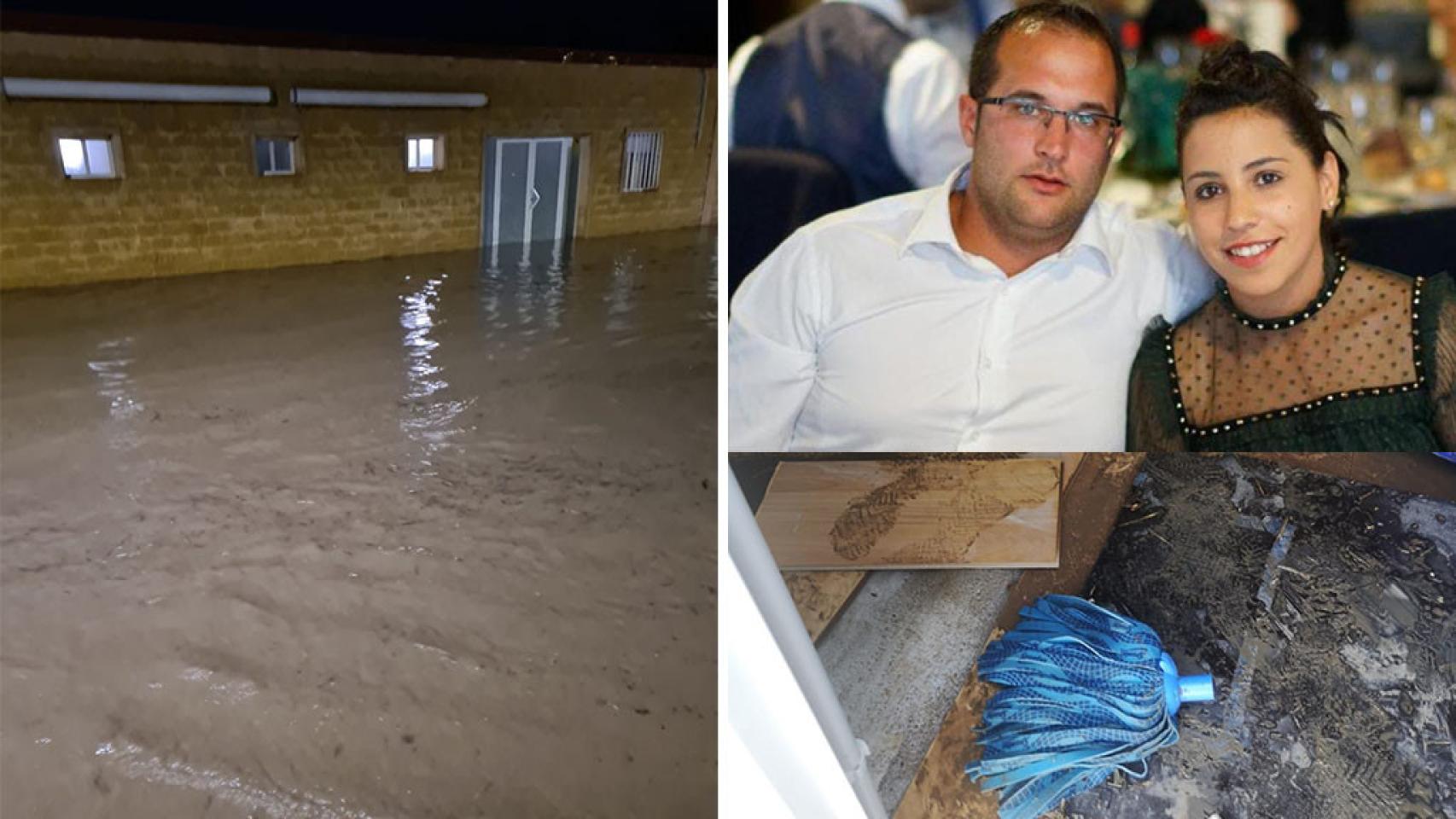 Carlos y Sara y los destrozos en su bar junto a los efectos de la tormenta, a la izquierda