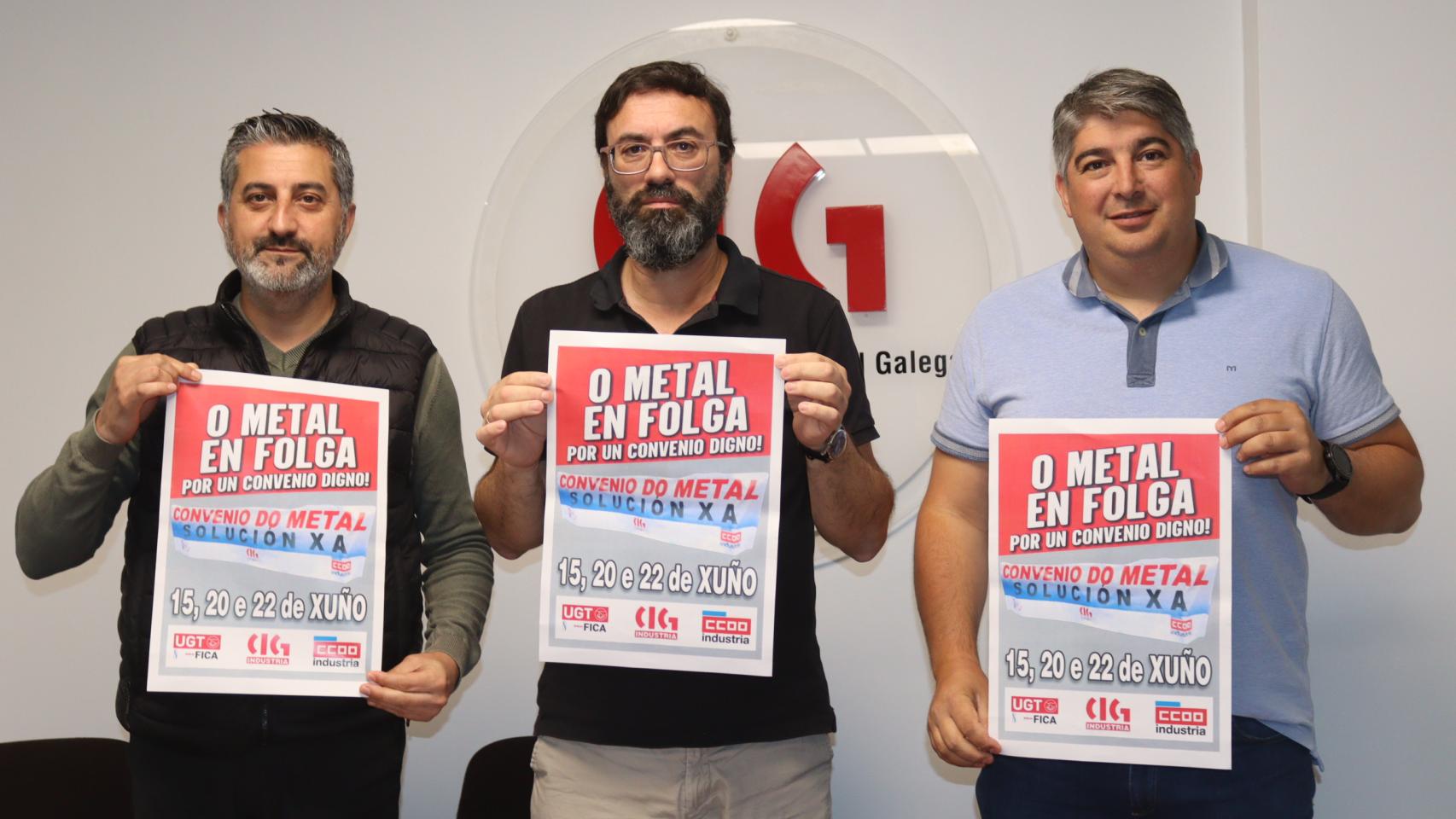 Portavoces de las tres centrales sindicales, CIG, UGT y CC.OO.