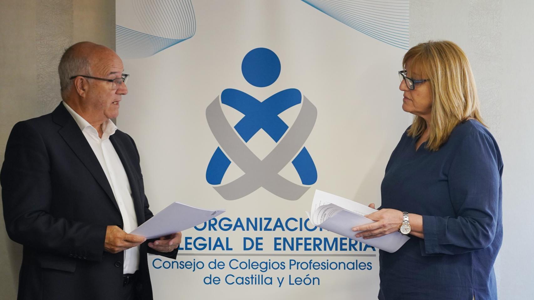 El presidente del Consejo Autonómico de Enfermería de Castilla y León, Enrique Ruiz Forner, y la presidenta del Colegio Oficial de Enfermería de Palencia, Carmen Bárcena