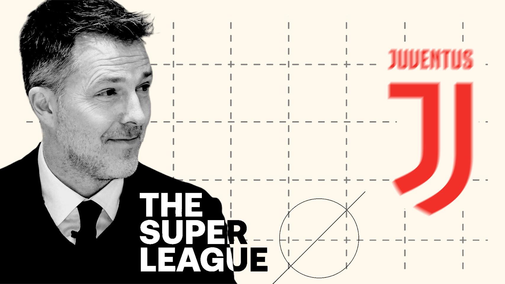 Bernd Reichart, CEO de la Superliga, en un fotomontaje junto al escudo de la Juventus de Turín