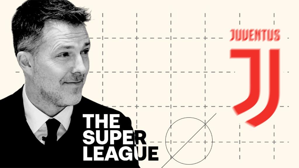 Bernd Reichart, CEO de la Superliga, en un fotomontaje junto al escudo de la Juventus de Turín