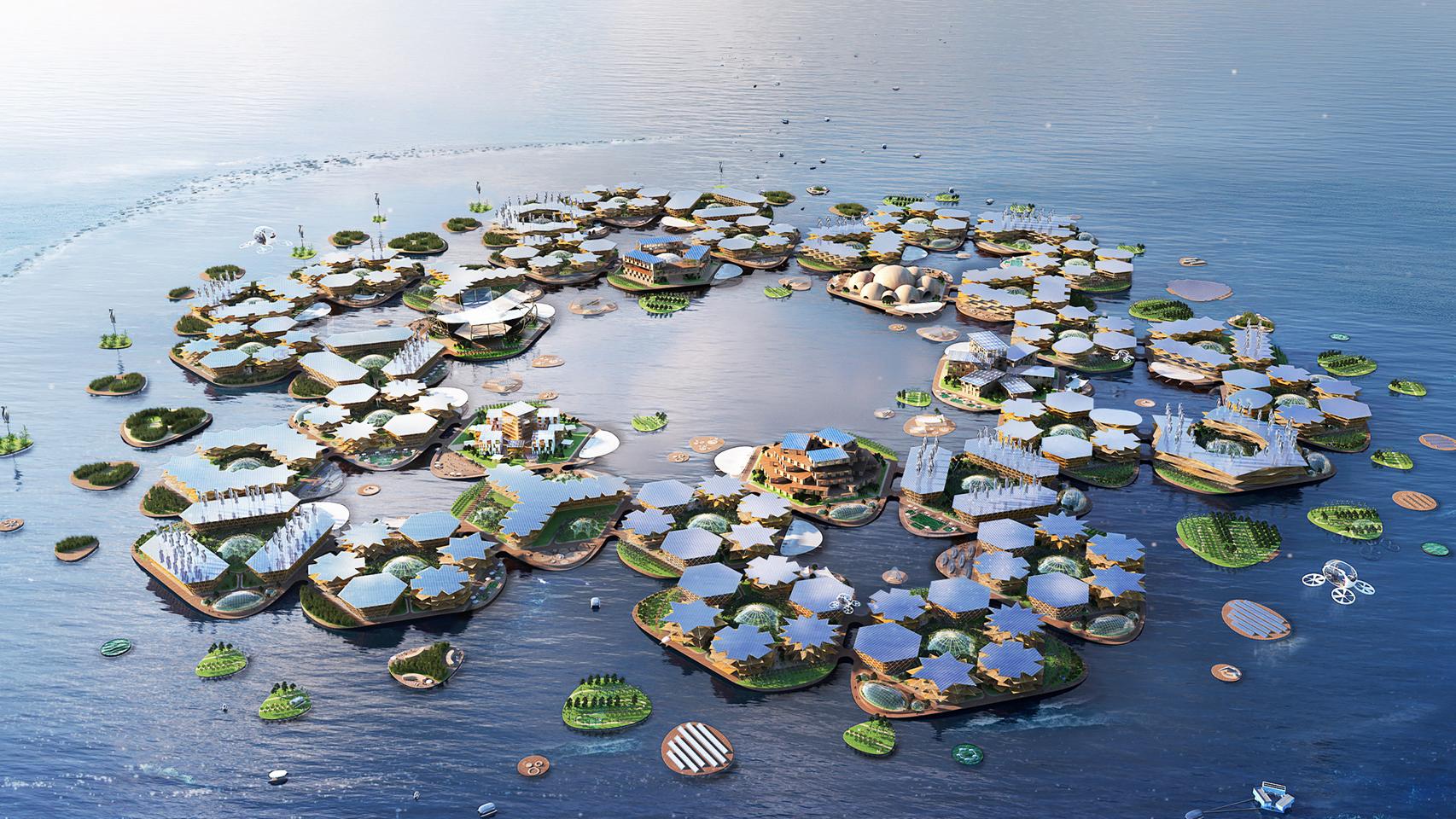 Recreación de la ciudad flotante que formará parte de las instalaciones de la Expo Mundial 2030 en Busan. FOTO : OCEANIX/BIG-Bjarke Ingels Group.