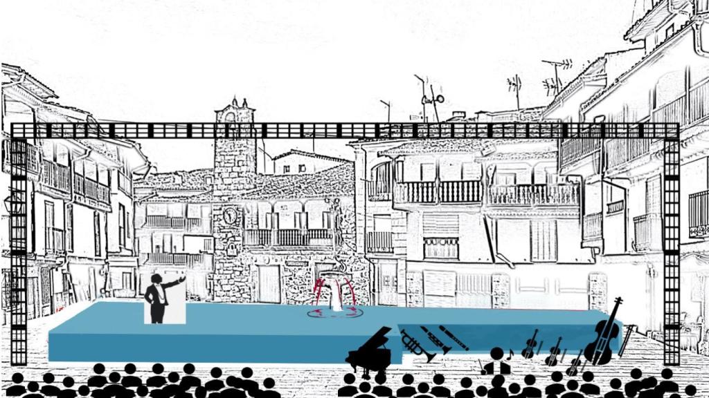 Boceto del montaje de la plaza del pueblo con la ópera.