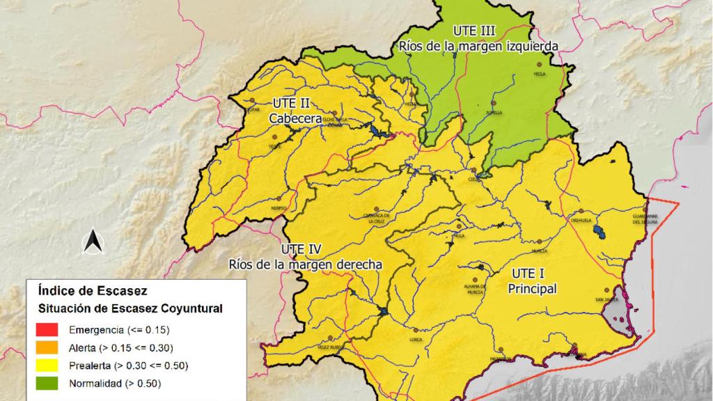 Mapa del índice de escasez en la cuenca del Segura.