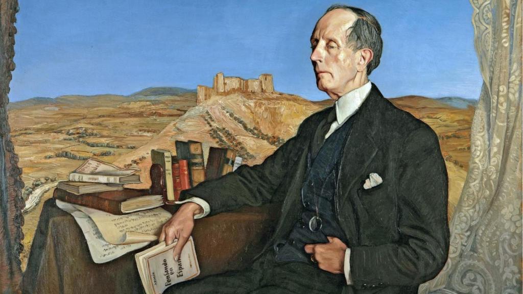 Retrato de Ignacio Zuloaga en 1941. El escritor sostiene en su mano derecha su libro 'Pensando en España', de 1939