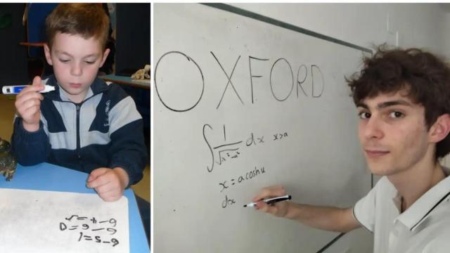 Una foto de Bruno Mompeán, de niño, resolviendo un problema, junto a una imagen actual, en su habitación, haciendo operaciones de matemáticas en una pizarra.